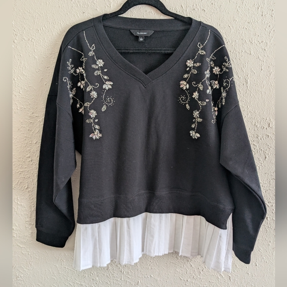 NWT Calligraphie Black Sweater w/ White Pleated Hem & Crystal Gems Floral Design